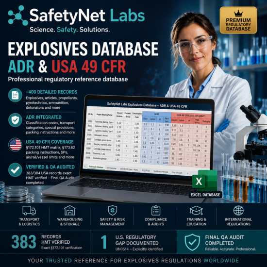 SafetyNet Labs Explosives Database – ADR & USA 49 CFR + updates 2027